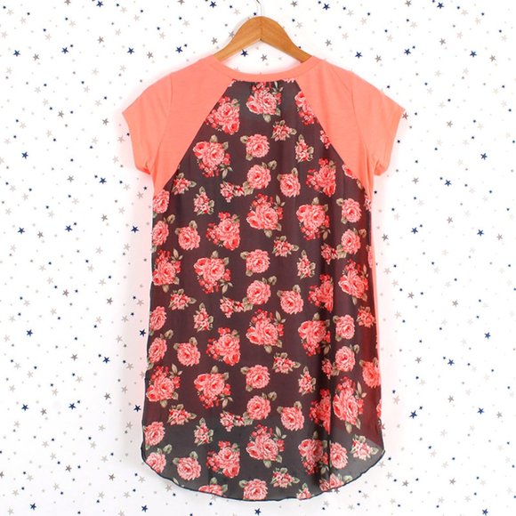 Floral Print Back Top Tee Neon Coral - Picture 7 of 7